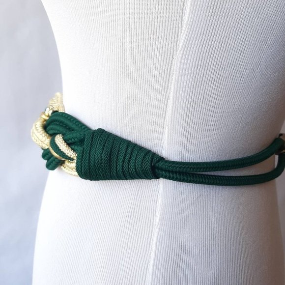 Vtg 80s Green & Gold Braided Rope Belt with Fish Hook Buckle, Fits 28" Waist - Picture 3 of 8